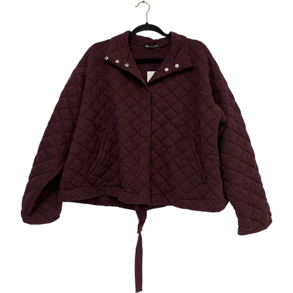 Zara Womens Quilted Jacket M L Burgundy Long Sleeve Drawstring Hem 4770/550 NWT - Picture 1 of 16